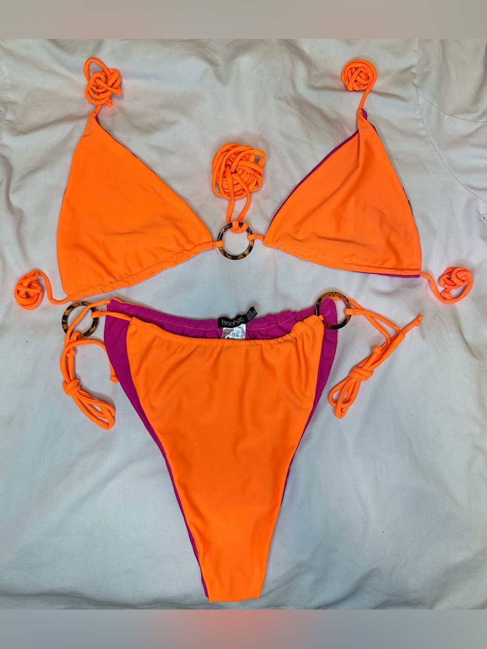 Boohoo Reversible Neon Orange & Pink Triangle Bikini Set Size 12